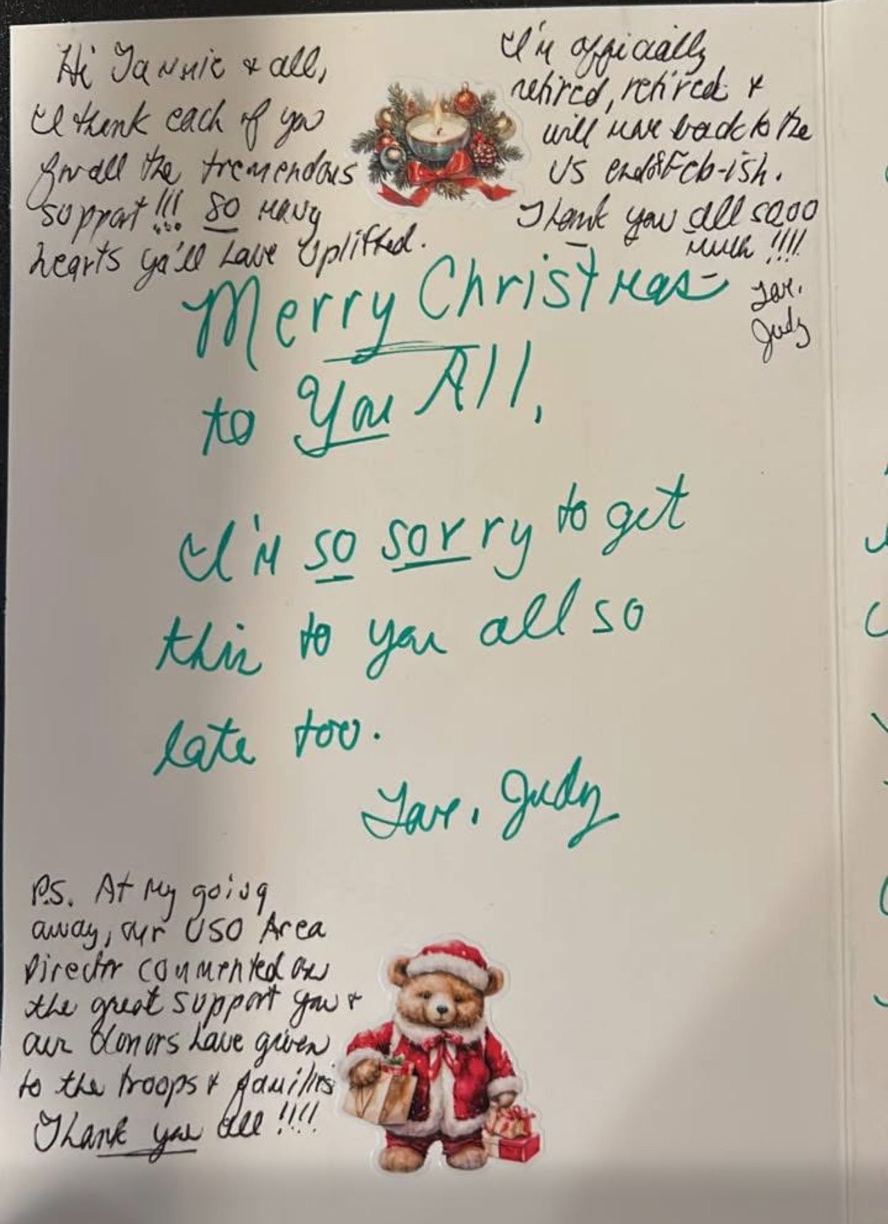 Handwritten holiday card from a service member noting the USO Area Director praised MMBC's support for troops