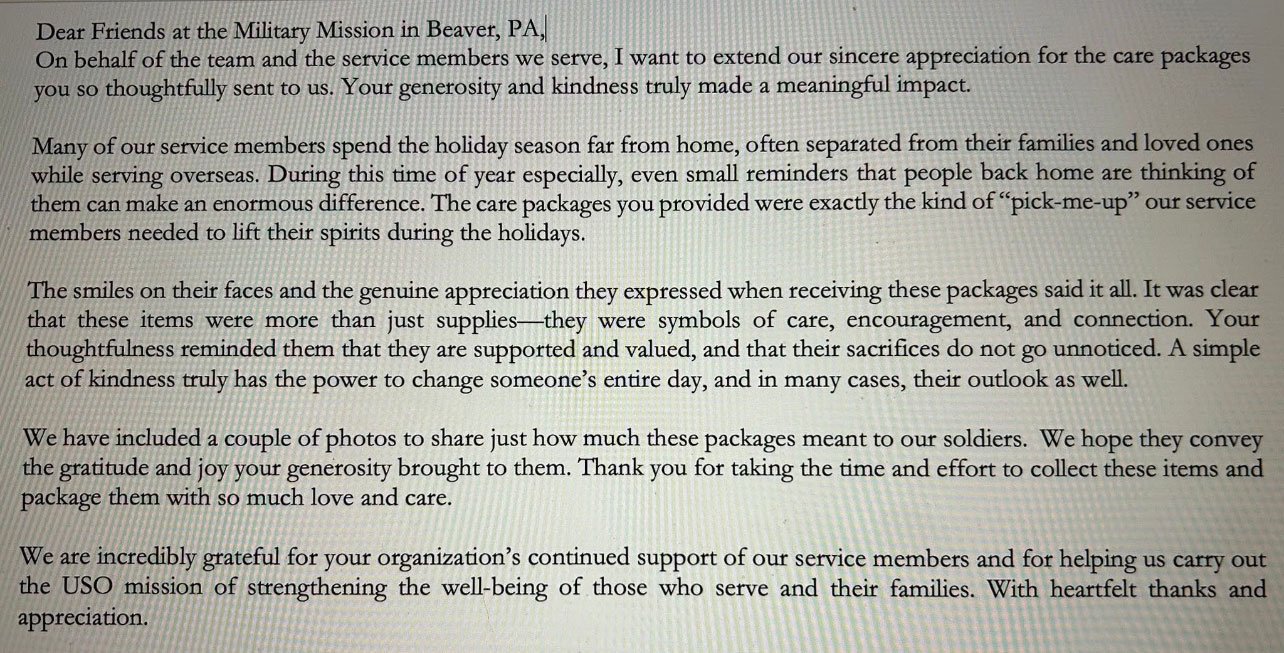 Letter from USO on behalf of service members and their families thanking MMBC for care packages during the holidays
