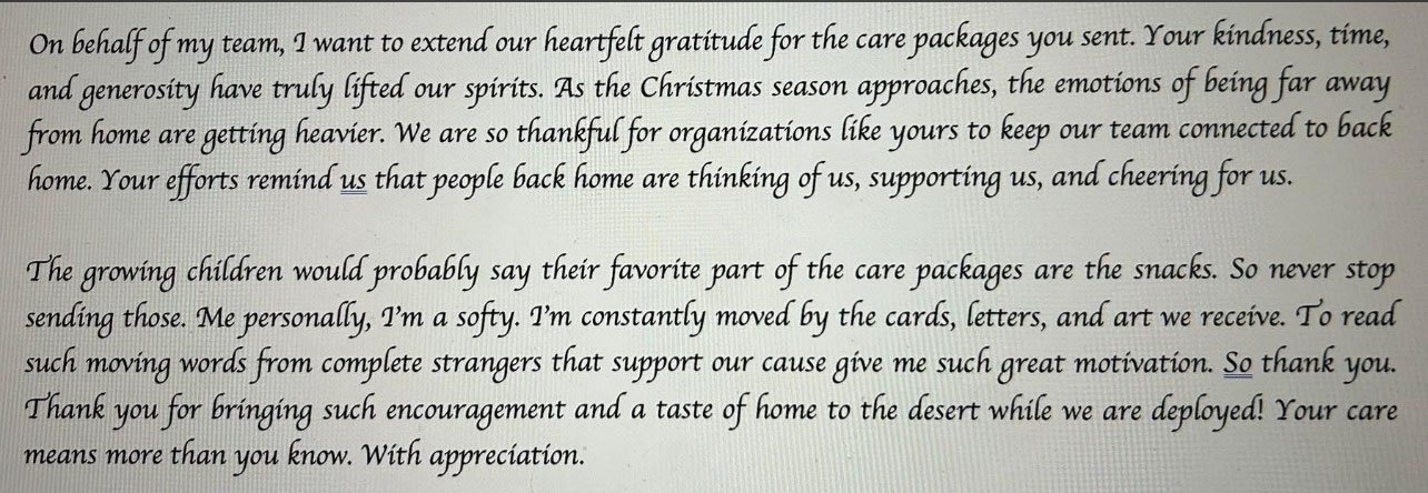 Letter from a deployed service member sharing how MMBC's care packages lifted spirits far from home
